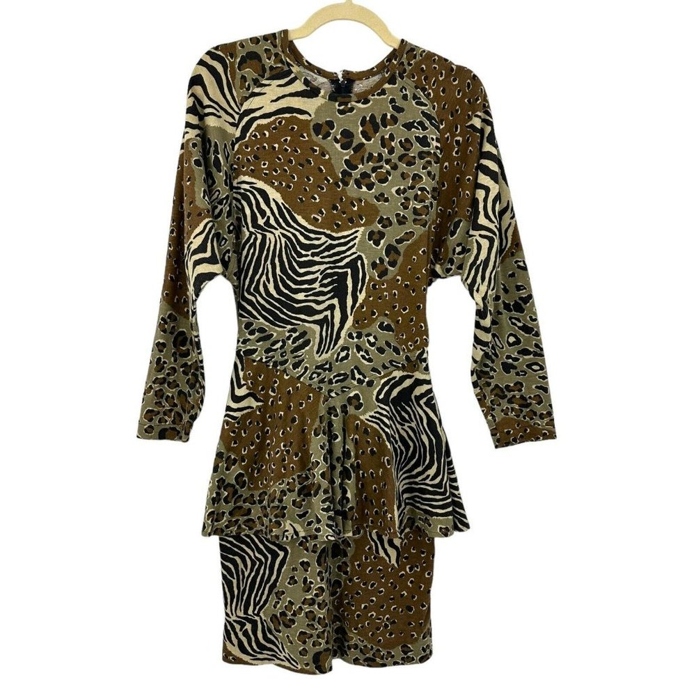 Vintage CHOON Leopard Dress Peplum Drop Waist Sz 8 80’s Animal Print